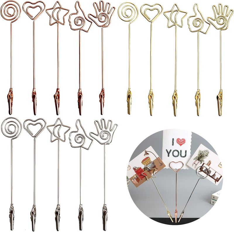 ELANE 15 pcs Metal Wire Alligator Clamp,Memo Clip,Double End Wire Card Holder for DIY Card,Photo,Memo,Banquet,Wedding,Flower Shop(Gold+Silver+Rosegold) - Image 1